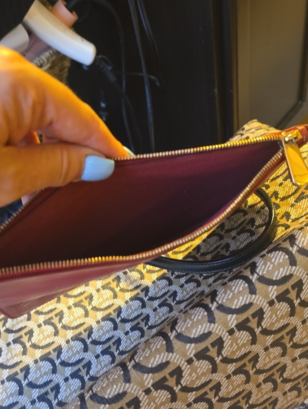 Salvatore Ferragamo Red Leather Wristlet Pouch with Black Strap and Gold Accents - Picture 7 of 12